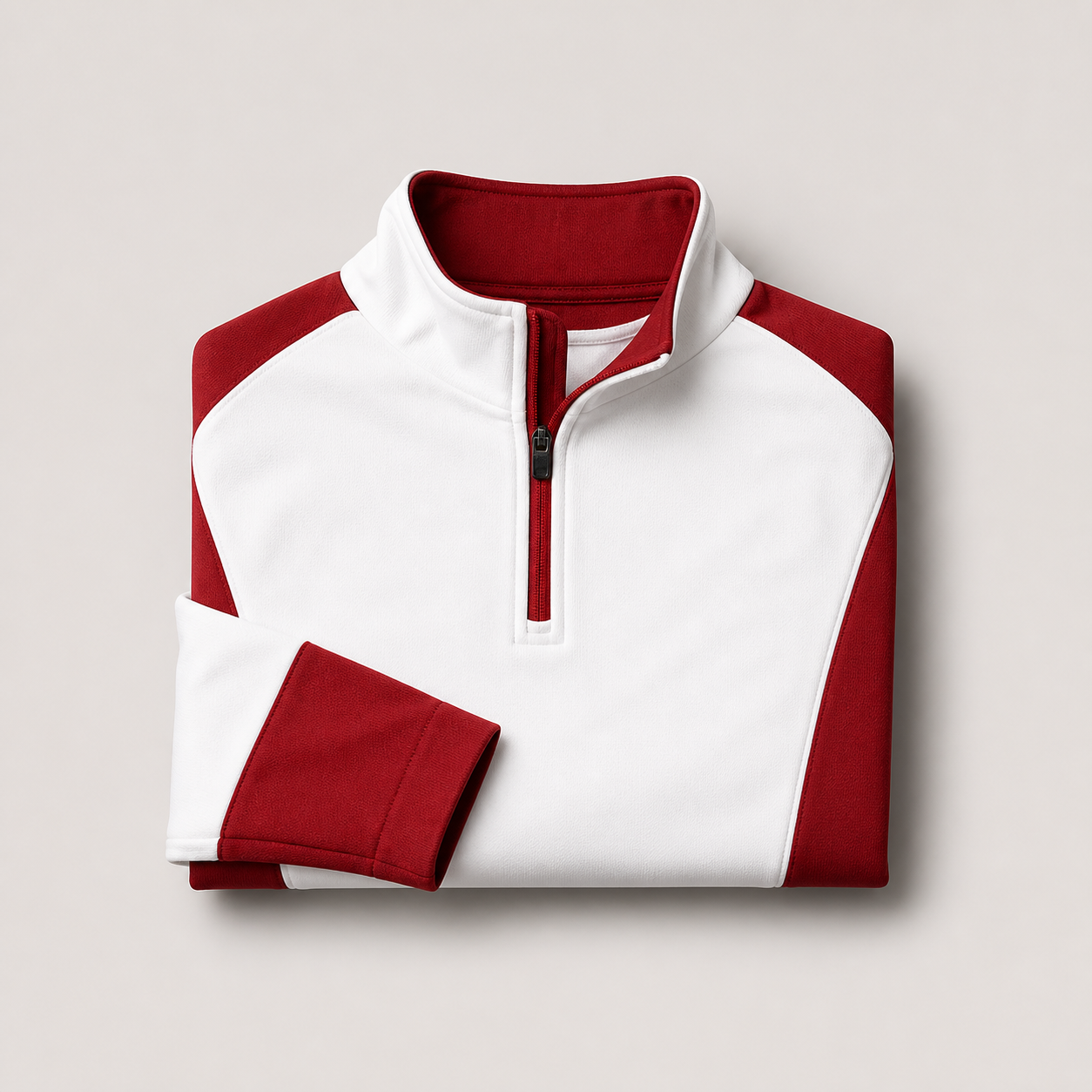 Illustrative red and white performance quarter-zip